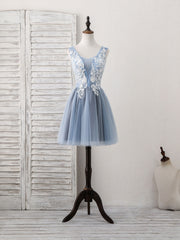 Party Dress Night, Cute Blue V Neck Tulle Lace Applique Short Prom Dress, Blue Homecoming Dress