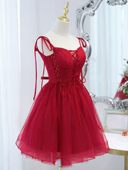 Prom Dress Styles, Cute Burgundy Tulle Lace Short Prom Dress, Lace Burgundy Puffy Homecoming Dress