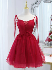 Prom Dresses Brand, Cute Burgundy Tulle Lace Short Prom Dress, Lace Burgundy Puffy Homecoming Dress