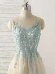 Prom Dresses Websites, Cute Champagne Lace Long Prom Dress, A Line Tulle Bridesmaid Dress