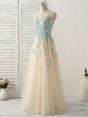 Prom Dress Websites, Cute Champagne Lace Long Prom Dress, A Line Tulle Bridesmaid Dress