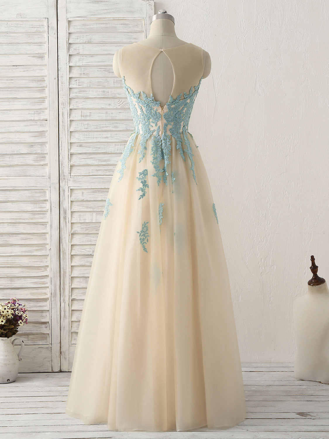 Prom Dresses Sites, Cute Champagne Lace Long Prom Dress, A Line Tulle Bridesmaid Dress