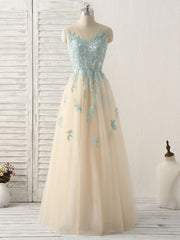 Prom Dress Website, Cute Champagne Lace Long Prom Dress, A Line Tulle Bridesmaid Dress