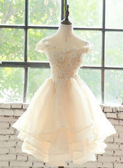 Homecoming Dress, Cute Champagne Organza Layers Knee Length Homecoming Dress with Lace, Short Prom Dress