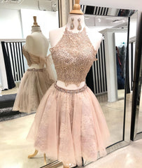 Prom Dress With Slits, Cute champagne tulle lace short prom dress, homecoming dress