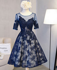 Prom Dress 2027, Cute Dark Blue Lace Short Prom Dress, Blue Homecoming Dress