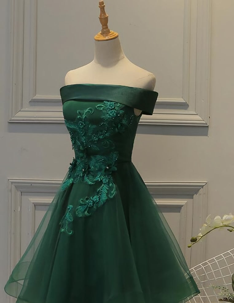 Prom Dress Types, Cute Dark Green Off Shoulder Short Party Dress, Tulle Homecoming Dress