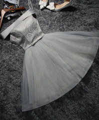 Prom Dress Vintage, Cute Gray Lace Tulle Short Prom Dress, Gray Homecoming Dress