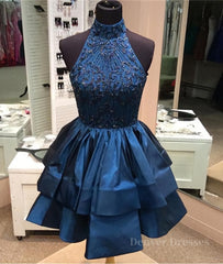 Prom Dresses For 2051, Cute High-Neck Sequin Beaded Short Blue Prom Dresses, Blue Homecoming Dresses