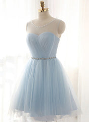Gold Prom Dress, Cute Light Blue Homecoming Dress With Belt, Lovely Short Prom Dress