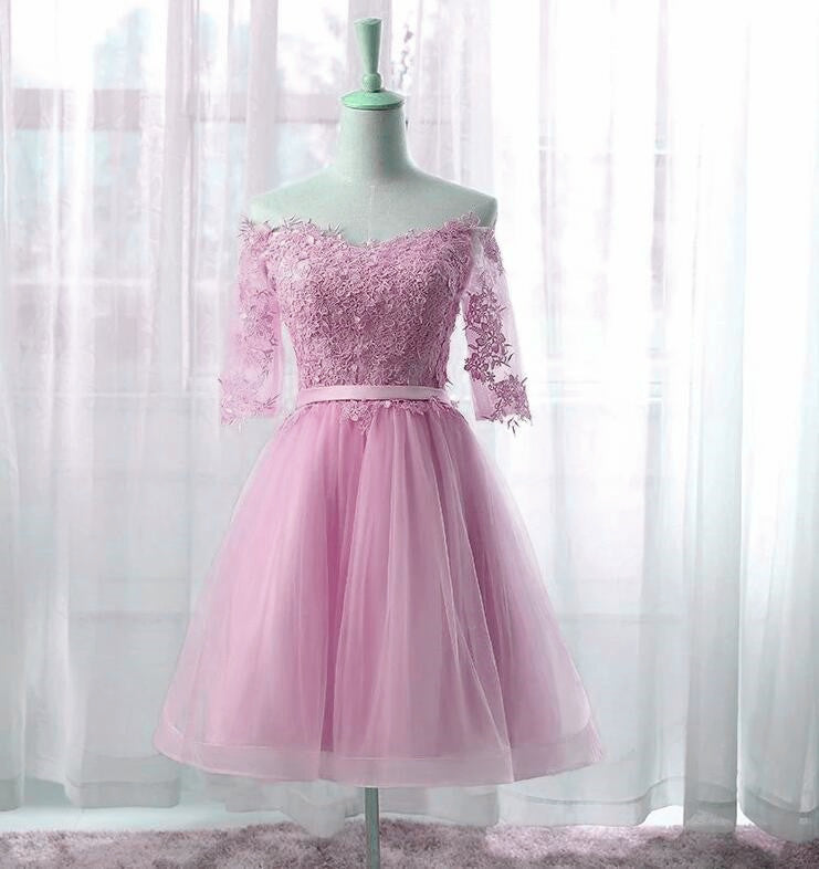 Prom Dress Fitted, Cute Pink Knee Length Short Sleeves Party Dress, Tulle Prom Dress