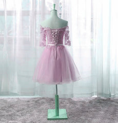 Prom Dresses Fitting, Cute Pink Knee Length Short Sleeves Party Dress, Tulle Prom Dress