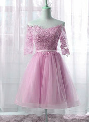 Prom Dresses For Brunettes, Cute Pink Knee Length Short Sleeves Party Dress, Tulle Prom Dress