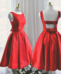 Prom Dresses 2025 Red, Cute Red A Line Satin Short Prom Dress, Backless Red Homecoming Dresses