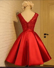 Semi Formal Dress, Cute Red Homecoming Dress, Round Neckline Lace and Satin Party Dress