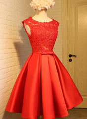 Classy Dress, Cute Red Homecoming Dress, Round Neckline Lace and Satin Party Dress