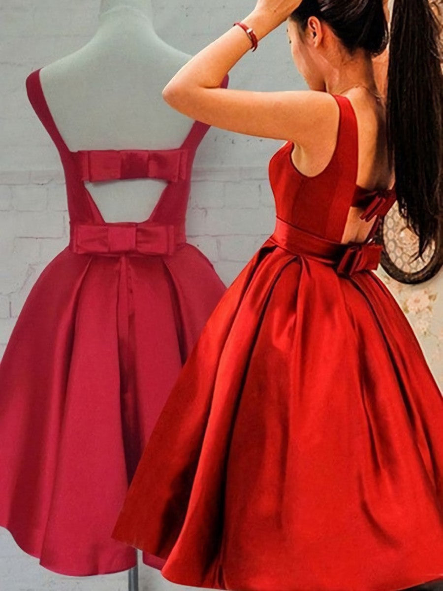 Prom Dresses Curvy, Cute Red Satin Scoop Sleeveless Short Party Dresses, Red Homecoming Dress