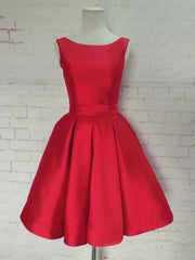 Prom Dresses Modest, Cute Red Satin Scoop Sleeveless Short Party Dresses, Red Homecoming Dress