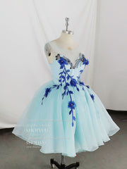 Bridesmaid Dress Convertible, Cute Round Neck Tulle Lace Short Prom Dress, Blue Homecoming Dress