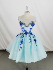 Bridesmaids Dress Convertible, Cute Round Neck Tulle Lace Short Prom Dress, Blue Homecoming Dress