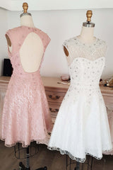 Dress Casual, Cute round neck tulle lace short prom dress lace bridesmaid dress