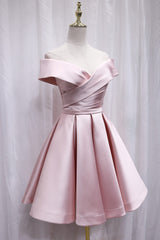 Prom Dresses Nearby, Cute Satin Pink Sweetheart Off Shoulder Knee Length Party Dress, Short Prom Dress