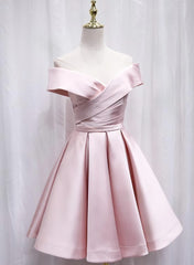 Prom Dresses For Teen, Cute Satin Pink Sweetheart Off Shoulder Knee Length Party Dress, Short Prom Dress