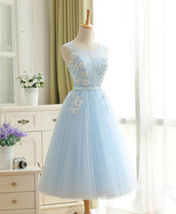 Prom Dress Mermaid, Cute Sky Blue Lace Tulle Short Prom Dress, Homecoming Dress
