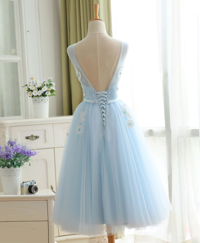 Prom Dress Chicago, Cute Sky Blue Lace Tulle Short Prom Dress, Homecoming Dress