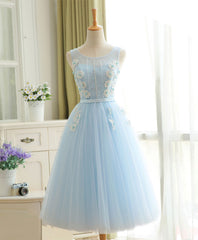Prom Dress Shiny, Cute Sky Blue Lace Tulle Short Prom Dress, Homecoming Dress
