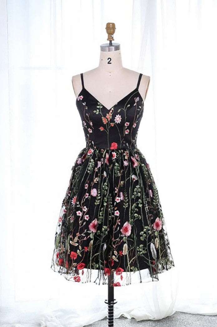 Bridesmaid Dresses Chiffon, Cute Straps Embroidered Black Floral Homecoming Dress