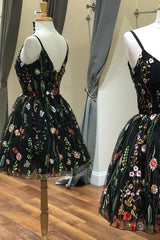 Bridesmaids Dresses Summer, Cute Straps Embroidered Black Floral Homecoming Dress