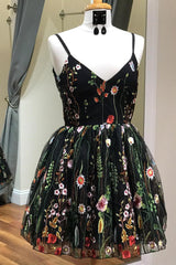 Bridesmaids Dress Fall, Cute Straps Embroidered Black Floral Homecoming Dress