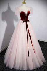 Party Dress Name, Cute Tulle Long Prom Dress with Velvet, A-Line Short Sleeve Evening Dress