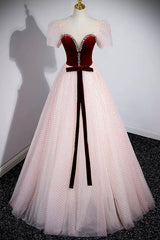 Party Dress Indian, Cute Tulle Long Prom Dress with Velvet, A-Line Short Sleeve Evening Dress