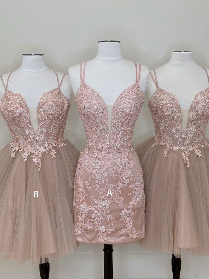 Bridesmaids Dress Affordable, Cute tulle pink lace short prom dress, cute lace homecoming dress
