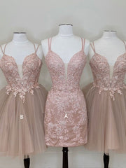 Bridesmaids Dress Affordable, Cute tulle pink lace short prom dress, cute lace homecoming dress