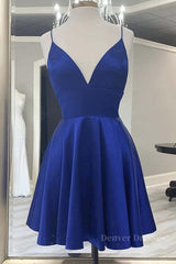 Party Dresses Long, Cute V Neck Backless Short Royal Blue Prom Dress with Straps, Backless Royal Blue Formal Graduation Homecoming Dress