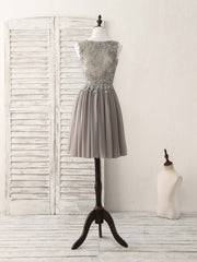 Homecoming Dress Simple, Cute V Neck Lace Chiffon Gray Short Prom Dress Gray Homecoming Dress