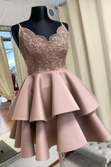 Vintage Dress, Cute V-Neck Lace Short Prom Dress, A-Line Spaghetti Straps Homecoming Dress