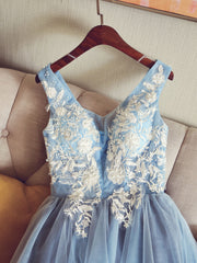 Party Dressed Short, Cute V Neck Light Blue Tulle Lace Short Prom Dress Blue Homecoming Dress