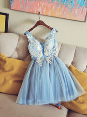 Party Dress Vintage, Cute V Neck Light Blue Tulle Lace Short Prom Dress Blue Homecoming Dress