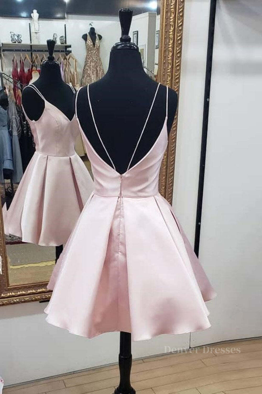 Evening Dress Black, Cute V Neck Open Back Pink Short Prom Dress, Backless Pink Homecoming Dress, Short Pink Formal Evening Dress
