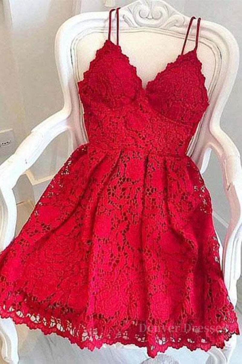 Bridal Dress, Cute V Neck Short Red Lace Prom Dress with Straps, Short Red Lace Formal Graduation Homecoming Dress, Red Cocktail Dress