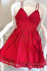 Bridal Dress, Cute V Neck Short Red Lace Prom Dress with Straps, Short Red Lace Formal Graduation Homecoming Dress, Red Cocktail Dress