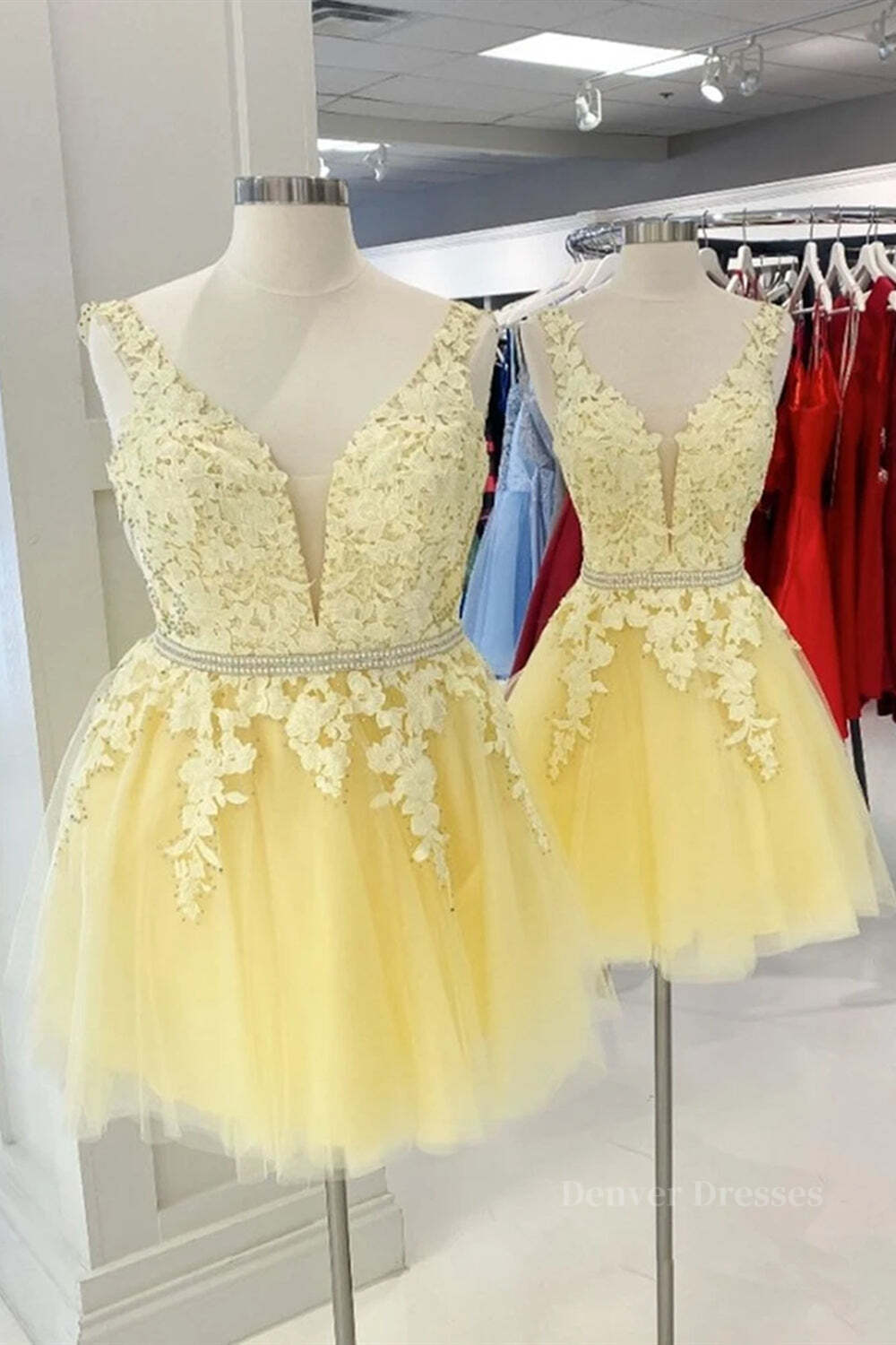Homecoming Dresses Freshman, Cute V Neck Yellow Lace Short Prom Dress with Belt, Yellow Lace Homecoming Dress, Short Yellow Formal Evening Dress
