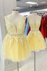 Homecoming Dresses Freshman, Cute V Neck Yellow Lace Short Prom Dress with Belt, Yellow Lace Homecoming Dress, Short Yellow Formal Evening Dress