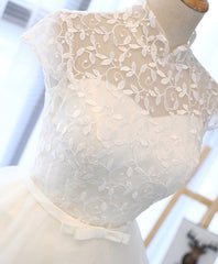 Prom Dress Modest, Cute White Lace Short Prom Dress, White Homecoming Dress