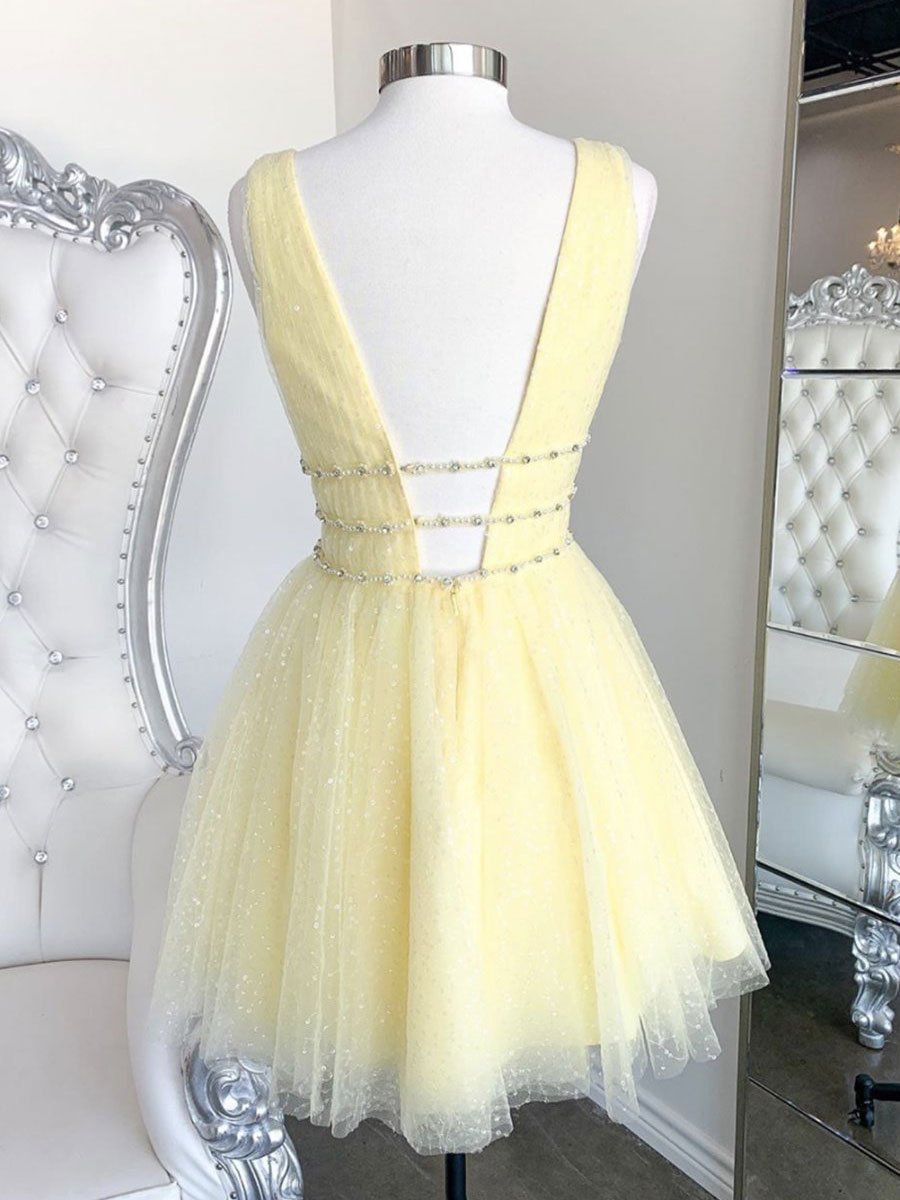 Prom Dress With Sleeve, Cute Yellow V Neck Tulle Beads Short Prom Dress Yellow Homecoming Dress