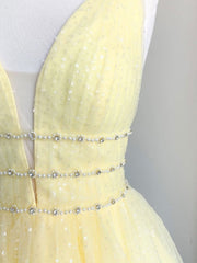 Prom Dresses Navy, Cute Yellow V Neck Tulle Beads Short Prom Dress Yellow Homecoming Dress